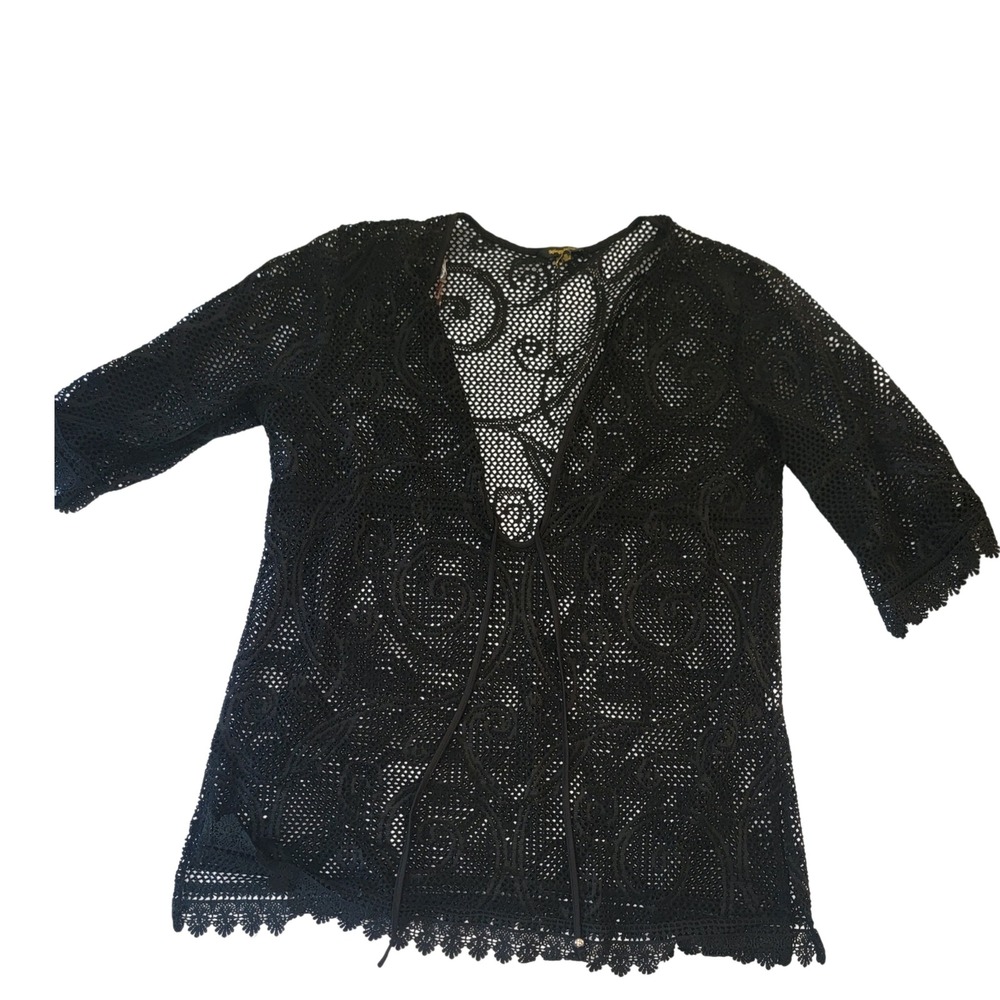 Spiaggia Dolce Black‎ Crochet Lace Swim Cover Up Tie Front Scalloped Hem 1X